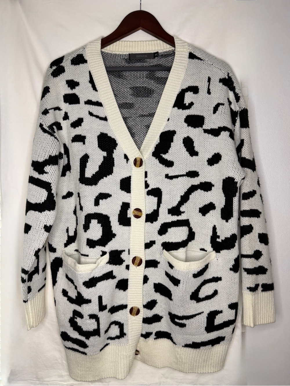 Animal Print Button-Front Cardigan Sweater in Black & White